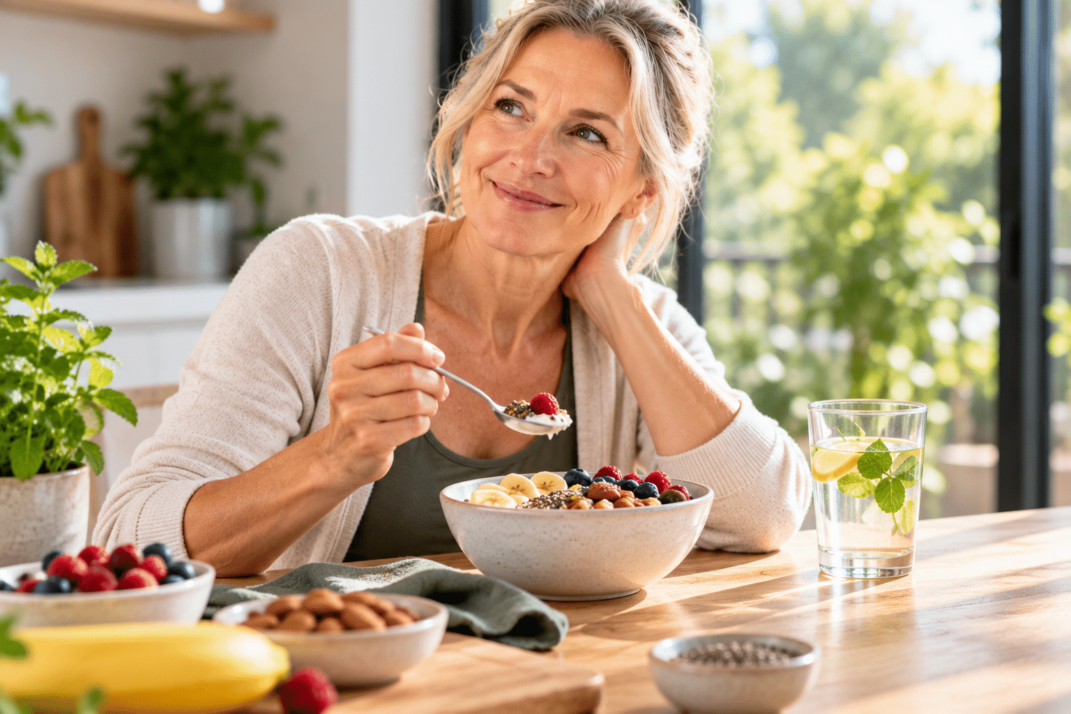 Frau ab 50 genießt ein Frühstück mit Joghurt, Beeren und Nüssen – gesunde Ernährung als Alternative zu Proteinpulver ab 50.