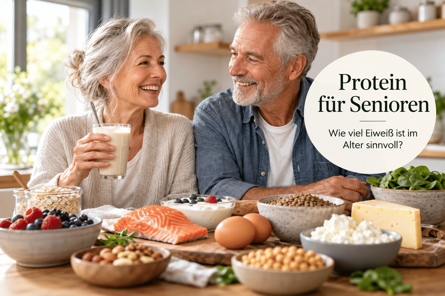 Älteres Paar mit Proteinshake und eiweißreichen Lebensmitteln wie Eiern, Joghurt, Lachs und Hülsenfrüchten.